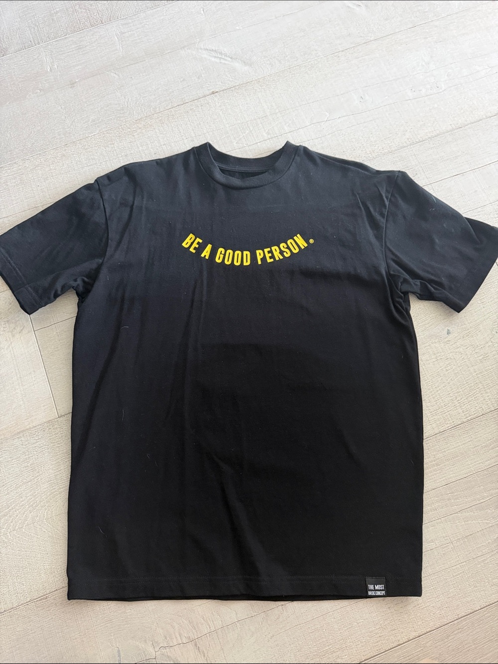 Men's Black Short Sleeve Tee with Yellow 'Be A Good Person' Chest Print